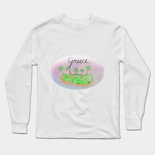 Greece watercolor Island travel, beach, sea and palm trees. Holidays and vacation, summer and relaxation Long Sleeve T-Shirt